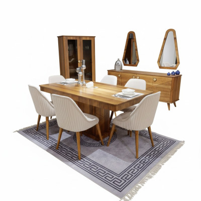 Esclusivo set da sala da pranzo di colore marrone chiaro, tavolo da pranzo in legno con 6 sedie e credenza.