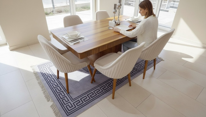 Tavolo in legno marrone chiaro Designer Mobili da sala da pranzo 6 sedie imbottite bianche