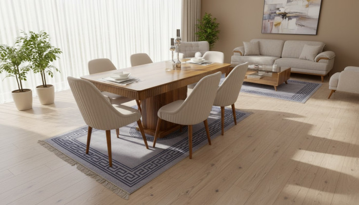 Tavolo in legno marrone chiaro Designer Mobili da sala da pranzo 6 sedie imbottite bianche
