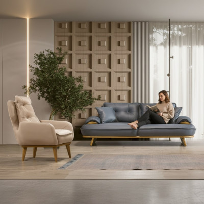 Elegante salotto grigio- beige, designer divano a 3 posti, lussuosa poltrona a 1 posto.