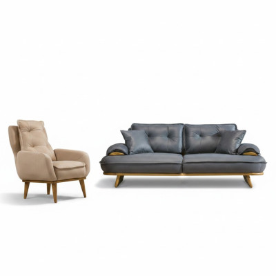 Elegante salotto grigio- beige, designer divano a 3 posti, lussuosa poltrona a 1 posto.