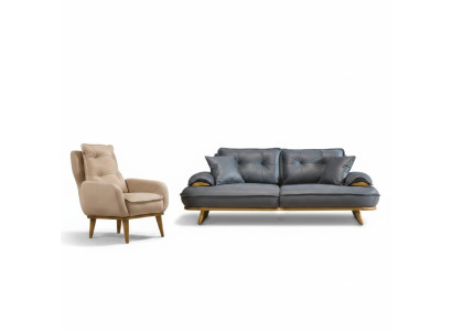 Elegante salotto grigio- beige, designer divano a 3 posti, lussuosa poltrona a 1 posto.