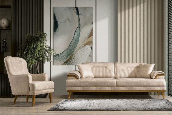 Soggiorno beige, set di divani, divano design imbottito 3 + 1 posti.  Salotto beige, set di divani, divano design imbottito 3 + 1 posti.