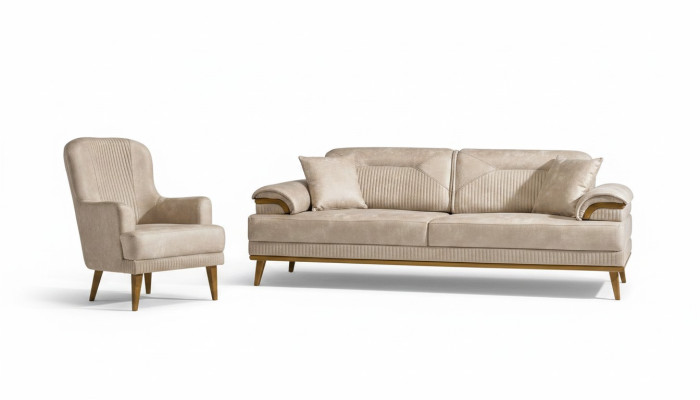 Soggiorno beige, set di divani, divano design imbottito 3 + 1 posti.  Salotto beige, set di divani, divano design imbottito 3 + 1 posti.