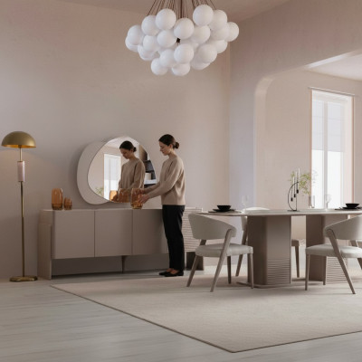 Lussuoso set da pranzo beige con tavolo in legno 4 sedie imbottite credenza 6 pezzi