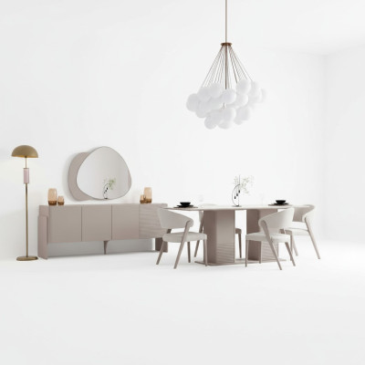 Lussuoso set da pranzo beige con tavolo in legno 4 sedie imbottite credenza 6 pezzi