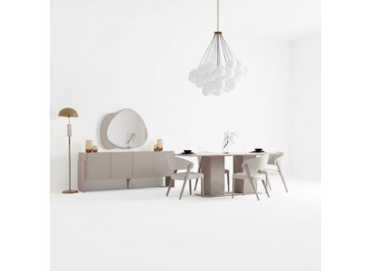 Lussuoso set da pranzo beige con tavolo in legno 4 sedie imbottite credenza 6 pezzi