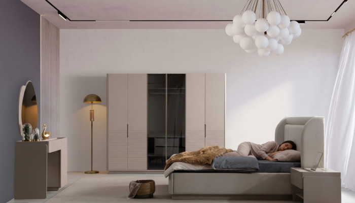 Designer Set camera da letto beige con letto 2 comodini armadio 5 pezzi