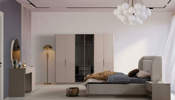 Designer Set camera da letto beige con letto 2 comodini armadio 5 pezzi