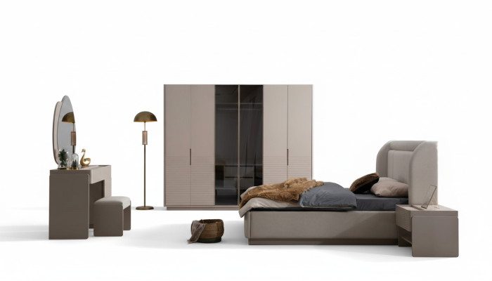 Designer Set camera da letto beige con letto 2 comodini armadio 5 pezzi
