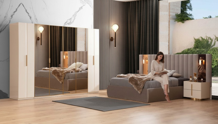 Set da letto beige con letto designer armadio 2 comodini