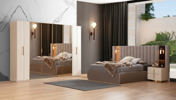 Set da letto beige con letto designer armadio 2 comodini