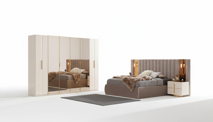 Set da letto beige con letto designer armadio 2 comodini