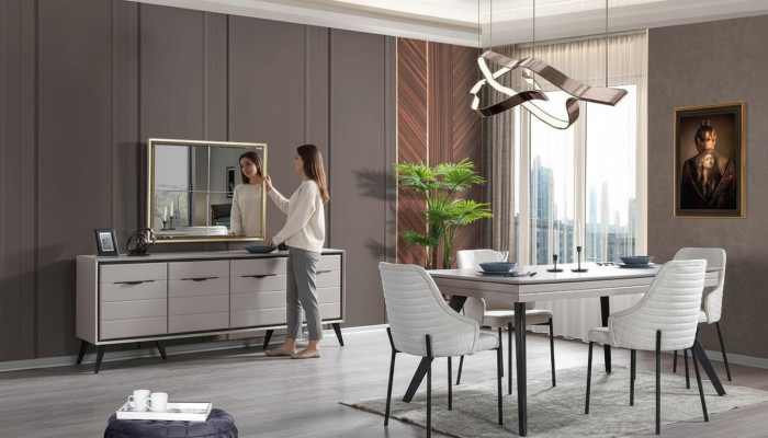 Mobili da sala da pranzo in legno moderni di lusso, credenza a specchio, tavolo da pranzo con 6 sedie