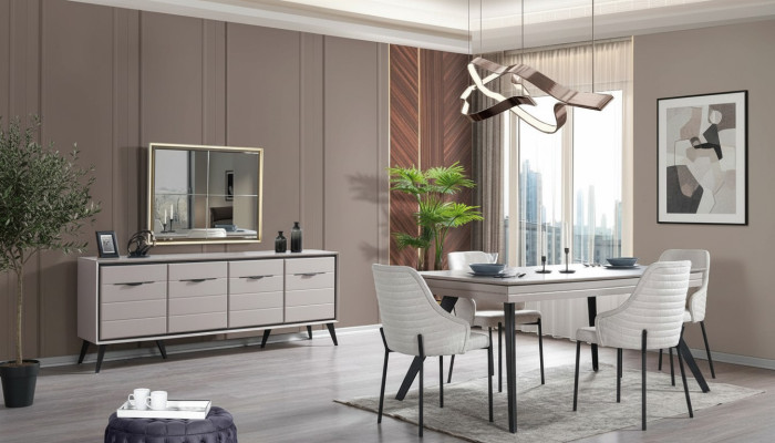 Mobili da sala da pranzo in legno moderni di lusso, credenza a specchio, tavolo da pranzo con 6 sedie