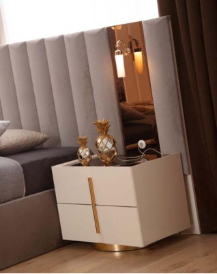 Set da camera da letto marrone con design letto matrimoniale bianco e 2 comodini, 3 pezzi.