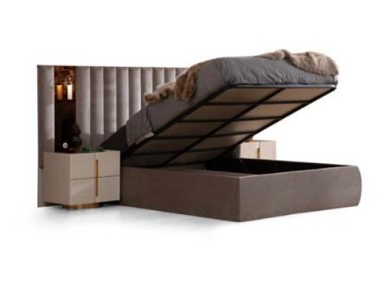 Set da camera da letto marrone con design letto matrimoniale bianco e 2 comodini, 3 pezzi.