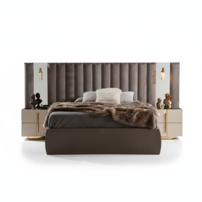 Set da camera da letto marrone con design letto matrimoniale bianco e 2 comodini, 3 pezzi.