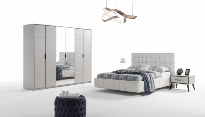 Set da camera da letto bianco con letto imbottito di lusso in legno armadio.