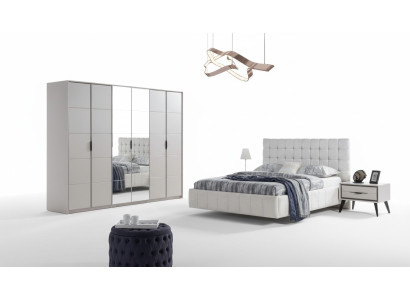 Set da camera da letto bianco con letto imbottito di lusso in legno armadio.