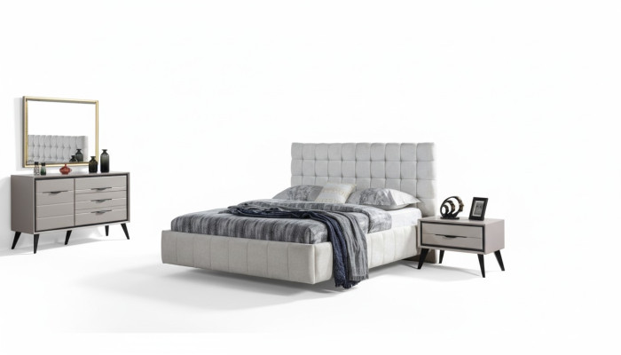 Camera da letto esclusiva bianca con letto matrimoniale, comodini e comò di design.