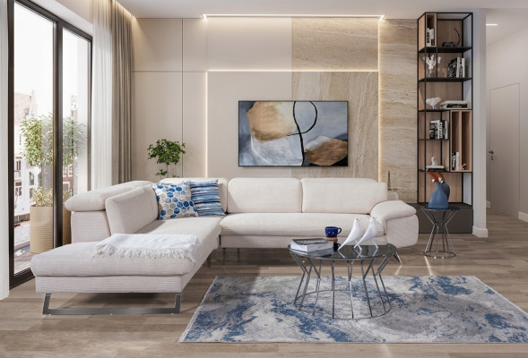 Divano ad angolo imbottito bianco a forma di L, divani soggiorno, moderne composizioni abitative.