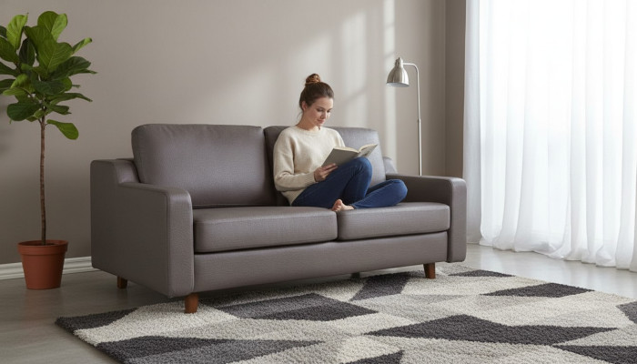 Divano in pelle grigia design a 3 posti per il soggiorno, divano imbottito.