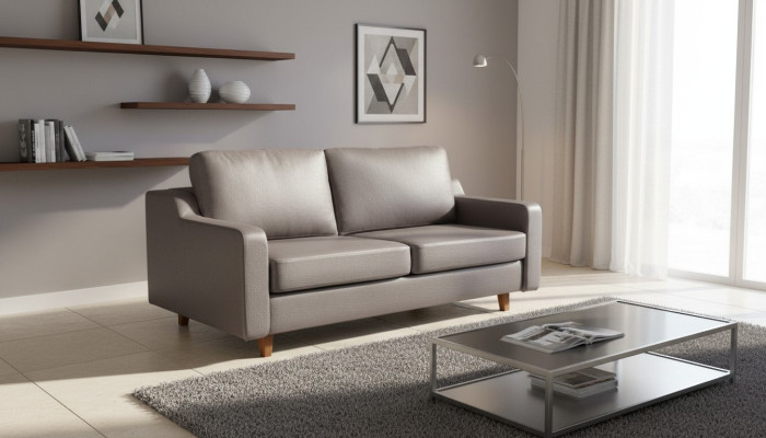 Divano in pelle grigia design a 3 posti per il soggiorno, divano imbottito.