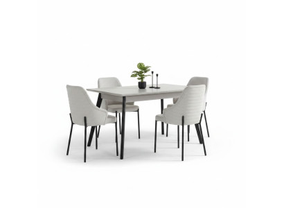 Set da pranzo bianco di lusso con 6 sedie imbottite e tavolo rettangolare.