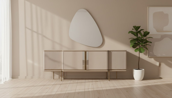 Mobile portaoggetti sala da pranzo beige a 2 ante con specchio di lusso. Mobili moderni in legno.