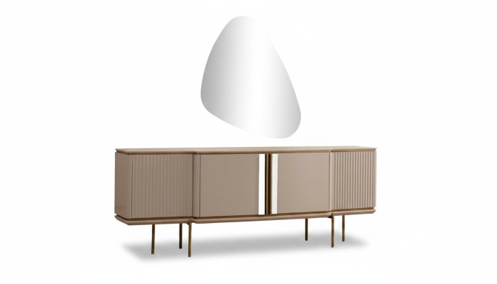 Mobile portaoggetti sala da pranzo beige a 2 ante con specchio di lusso. Mobili moderni in legno.