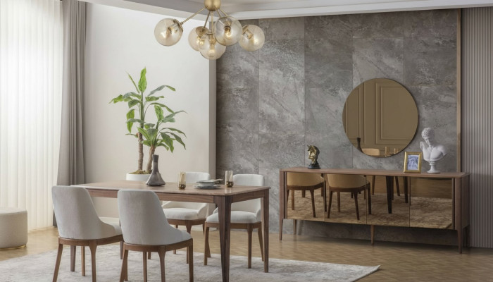 Set da pranzo di lusso con tavolo da pranzo rettangolare e 6 sedie in tessuto - 9 pezzi
