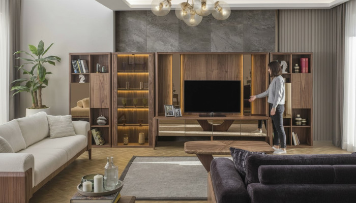 Moderno arredamento marrone per il soggiorno con parete in legno e mensole LED Mux.