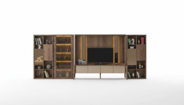 Moderno arredamento marrone per il soggiorno con parete in legno e mensole LED Mux.