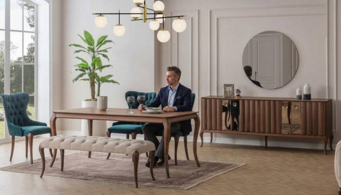 Mobili da sala da pranzo marrone e bianco Chesterfield, divano di design tavolo da pranzo di lusso.