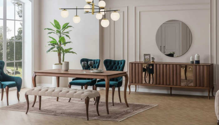 Mobili da sala da pranzo marrone e bianco Chesterfield, divano di design tavolo da pranzo di lusso.