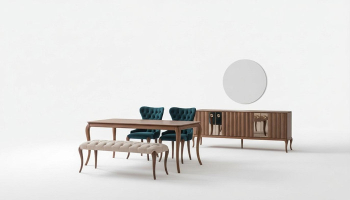 Mobili da sala da pranzo marrone e bianco Chesterfield, divano di design tavolo da pranzo di lusso.