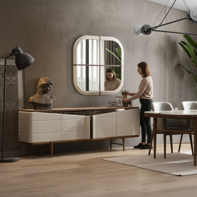Set da pranzo beige con credenza specchiata rettangolare mobili di lusso in legno