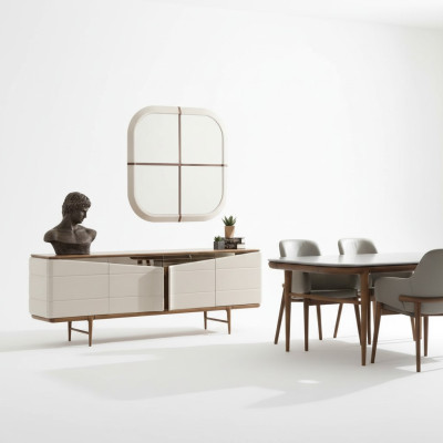 Set da pranzo beige con credenza specchiata rettangolare mobili di lusso in legno