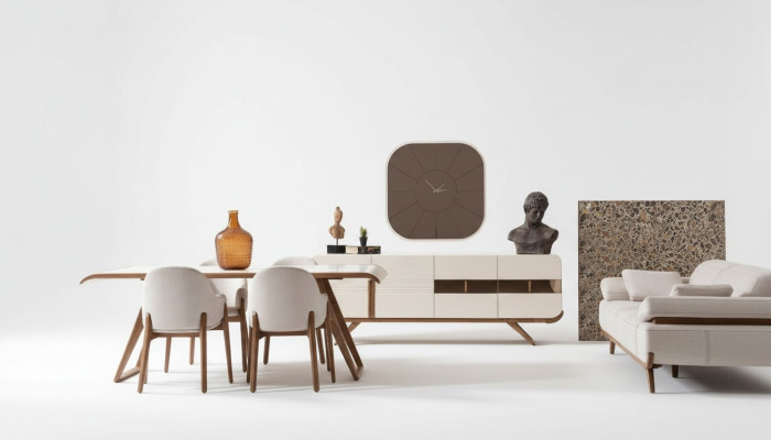 Set da pranzo bianco-marrone Moderno tavolo da pranzo 6 sedie imbottite 9 pezzi