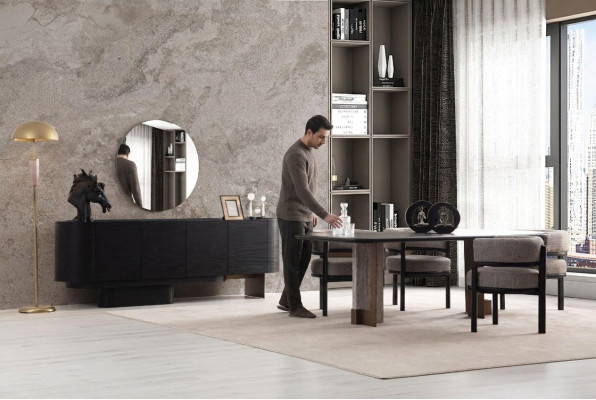 Set da pranzo di design con tavolo da pranzo, 6 sedie, credenza, specchio - 9 pezzi