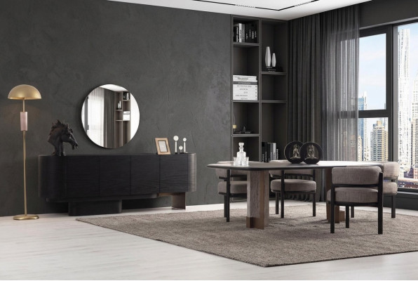 Set da pranzo di design con tavolo da pranzo, 6 sedie, credenza, specchio - 9 pezzi