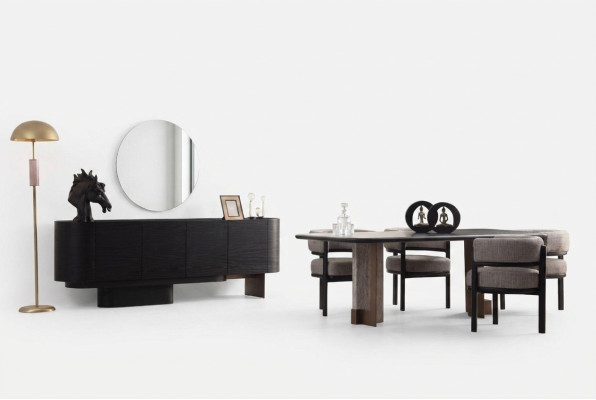 Set da pranzo di design con tavolo da pranzo, 6 sedie, credenza, specchio - 9 pezzi