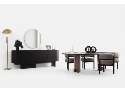 Set da pranzo di design con tavolo da pranzo, 6 sedie, credenza, specchio - 9 pezzi
