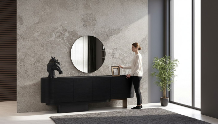 Mobili da sala da pranzo neri, elegante credenza con specchio, cassettiera in legno.