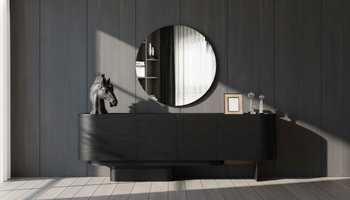 Mobili da sala da pranzo neri, elegante credenza con specchio, cassettiera in legno.