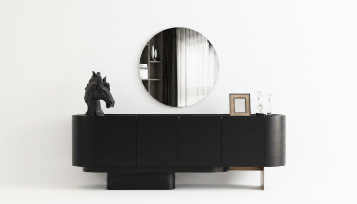 Mobili da sala da pranzo neri, elegante credenza con specchio, cassettiera in legno.