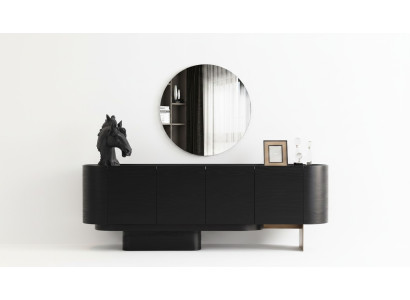 Mobili da sala da pranzo neri, elegante credenza con specchio, cassettiera in legno.