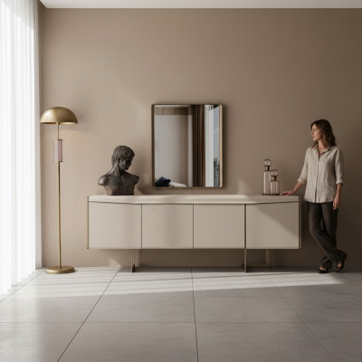 Sala da pranzo beige, credenza, specchio rettangolare, mobili in legno eleganti 2 pezzi