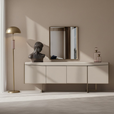 Sala da pranzo beige, credenza, specchio rettangolare, mobili in legno eleganti 2 pezzi
